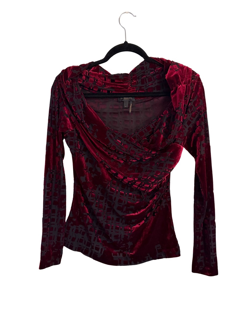 Donna Karan Burnout Velvet Draped Cowl Neck Long-Sleeve Top - Deep Cranberry